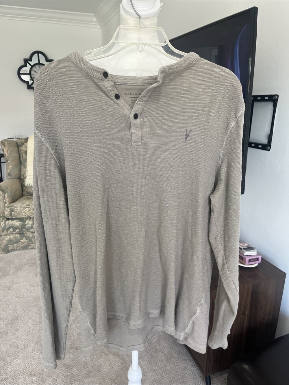 AllSaints Men Organic Cotton Sz L Long Sleeve Thermal Henley Shirt Grey Beige
